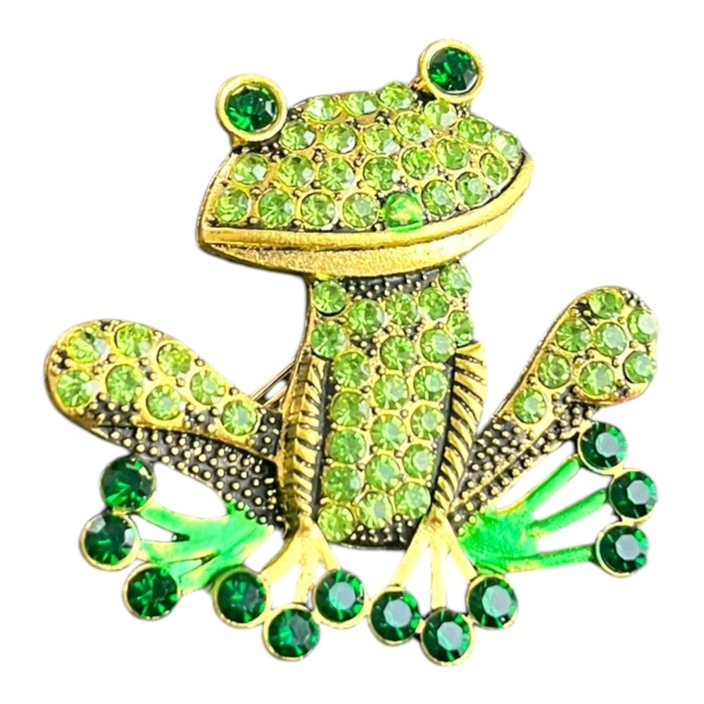 Green Rhinestone Frog Brooch Pin 1.75" Gold Tone Animal Whimsical Jewelry